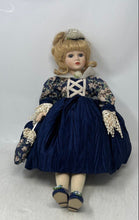 Load image into Gallery viewer, Vintage Blond Hair Gray Eyes Porcelain Girl Doll In Blue Dress &amp; Shoes
