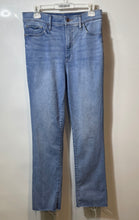 Load image into Gallery viewer, Express Womens Blue Denim Medium Wash Raw Hem Straight Leg Jeans Size 10R
