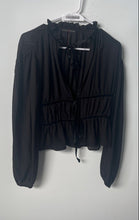 Load image into Gallery viewer, Zara Womens Black Ruffle Long Sleeve Smocked Waist Front Tie Blouse Top Size S
