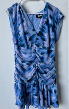 Load image into Gallery viewer, DKNY Womens Blue Abstract Sleeveless Ruched V-Neck Back-Zip Mini Dress Size L
