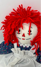 Load image into Gallery viewer, Aurora Red Yarn Hair Handmade Raggedy Ann Cloth Doll With Blue Floral Outfit
