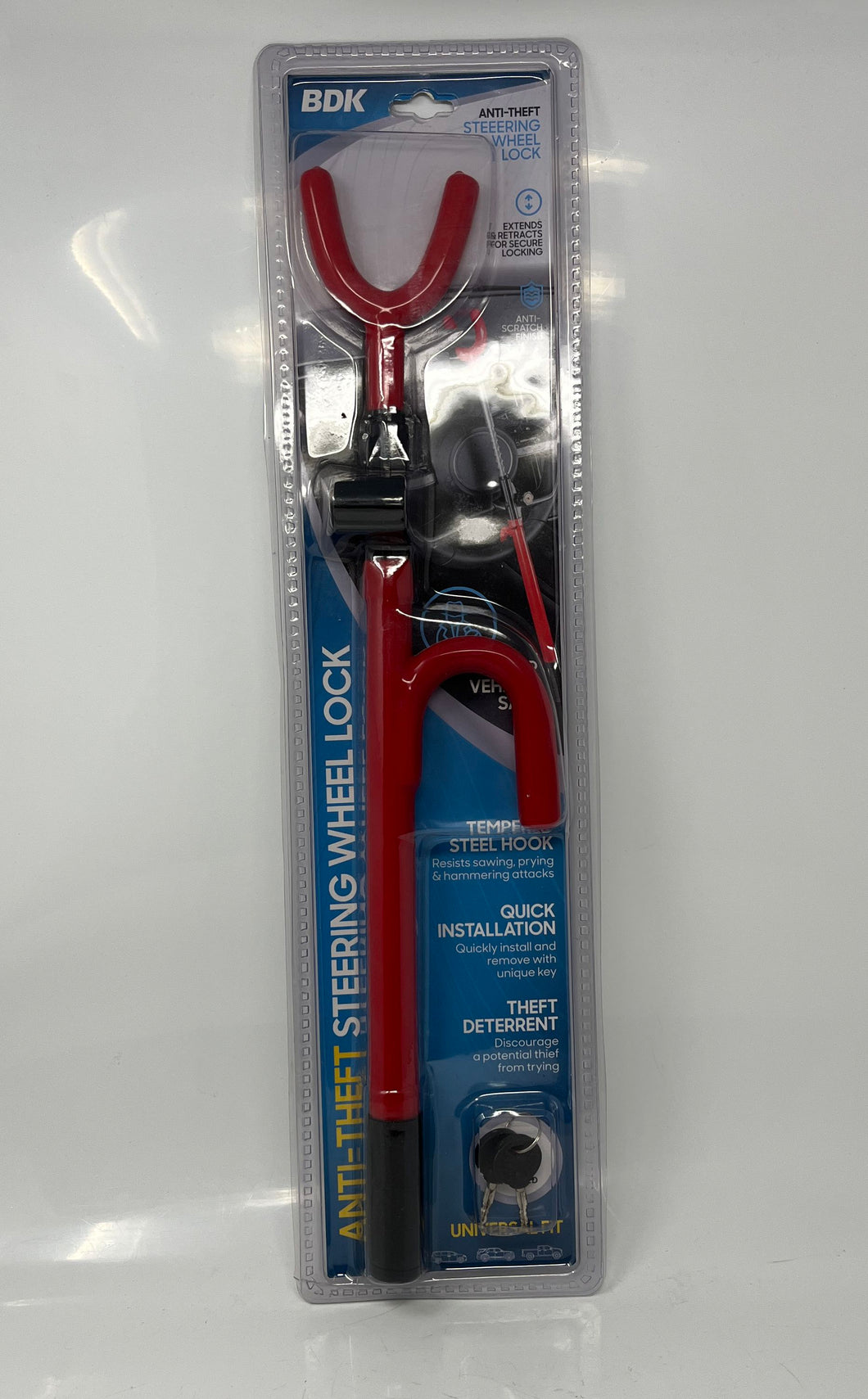 BDK Red Black Universal Fit Car Anti-Theft Steering Wheel Lock Factory Sealed