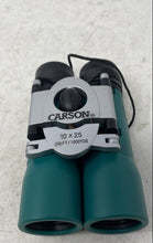 Load image into Gallery viewer, Carson Green Silver 10X25 Center Focus Bridge Compact Binoculars In Black Case
