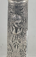 Load image into Gallery viewer, Silver-Tone Pillar Embossed Floral And Figural Design Candlestick Holder
