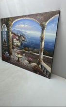 Load image into Gallery viewer, Vintage Mediterranean Coastal View Seaside Terrace Oil Painting Signed P Fielder
