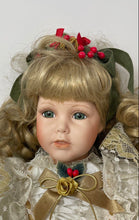Load image into Gallery viewer, William Tung Christmas Collector Porcelain Doll With White And Gold Dress
