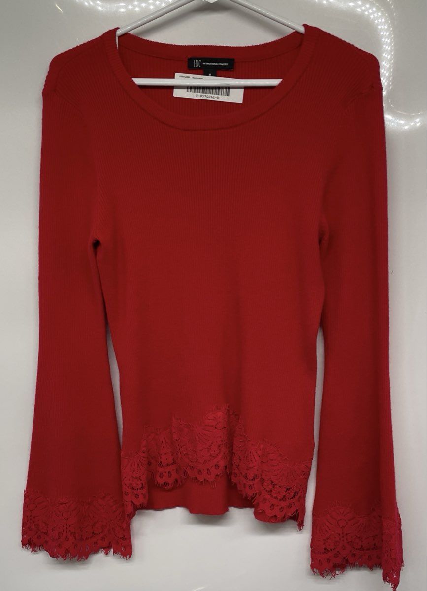 INC International Concepts Womens Red Lace Bell Sleeve Pullover Sweater Size M