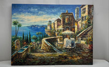 Load image into Gallery viewer, Vintage Mediterranean Seaside Terrace View Oil Painting Signed By P. Wolseley
