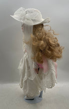 Load image into Gallery viewer, Victorian Porcelain Collectible Doll With White Dress &amp; Hat In Display Case
