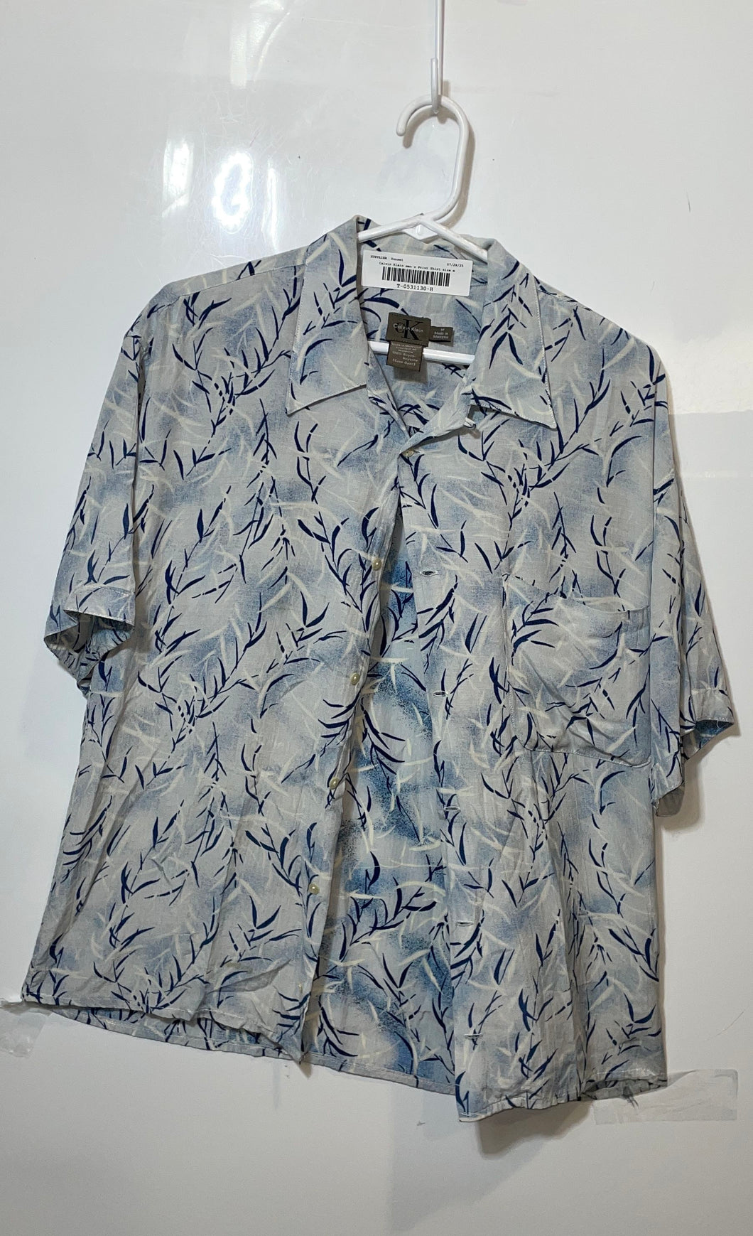 Calvin Klein Mens Gray Blue Print Short Sleeve Collared Button-Up Shirt Size M