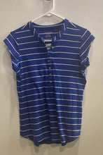 Load image into Gallery viewer, Calvin Klein Womens Blue White Striped Cap Sleeve Henley Neck T-Shirt Size Small
