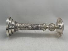 Load image into Gallery viewer, Silver-Tone Pillar Embossed Floral And Figural Design Candlestick Holder
