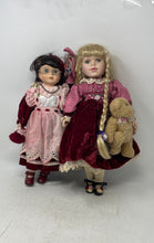 Load image into Gallery viewer, Lot Of 2 Pcs Blonde &amp; Black Hair Blue Eyes Decorative Porcelain Doll With Outfit
