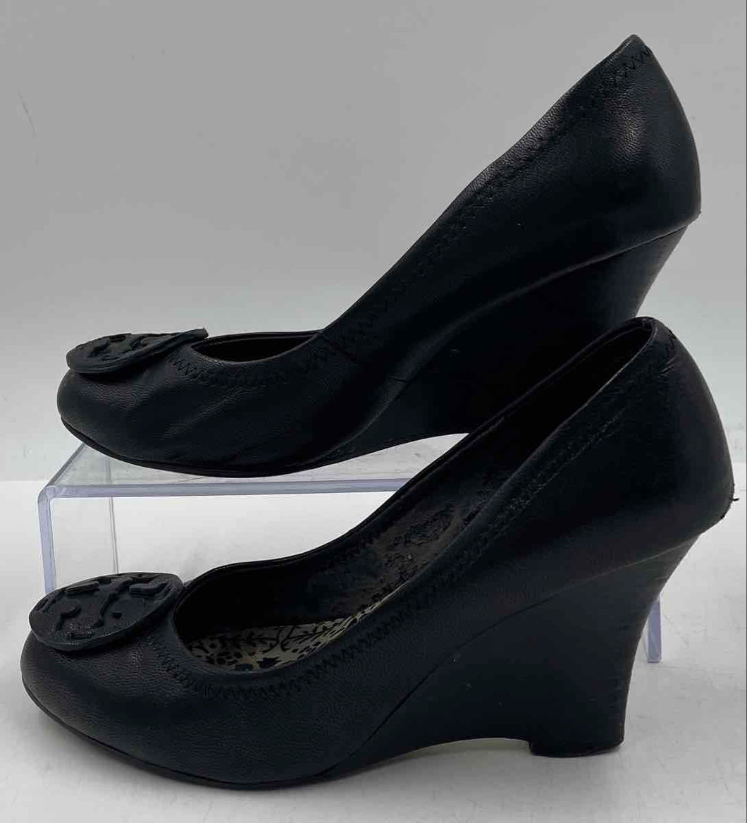 Authentic Tory Burch Womens Sally Black Leather Slip-On Wedge Pump Heels Size 37