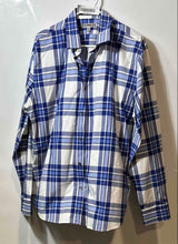 Load image into Gallery viewer, Express Mens Blue White Plaid Long Sleeve Collared Button Front Dress Shirt XL
