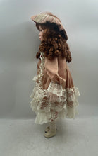 Load image into Gallery viewer, Vintage Auburn Curly Hair Gray Eyes Collectible Porcelain Doll In Pink Dress
