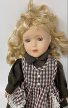 Load image into Gallery viewer, Blonde Curly Hair Brown Eyes Porcelain Doll In Removable Multicolor Dress
