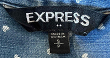Load image into Gallery viewer, Express Womens Blue White Denim Hearts Print Long Sleeve Button-Up Shirt Size S
