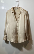Load image into Gallery viewer, Zara Womens Beige Satin Long Sleeve Collared Button-Up Shirt Size Medium
