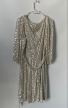 Load image into Gallery viewer, DKNY Womens Beige Silver Sequin Long Sleeve Belted A-Line Dress Size 14
