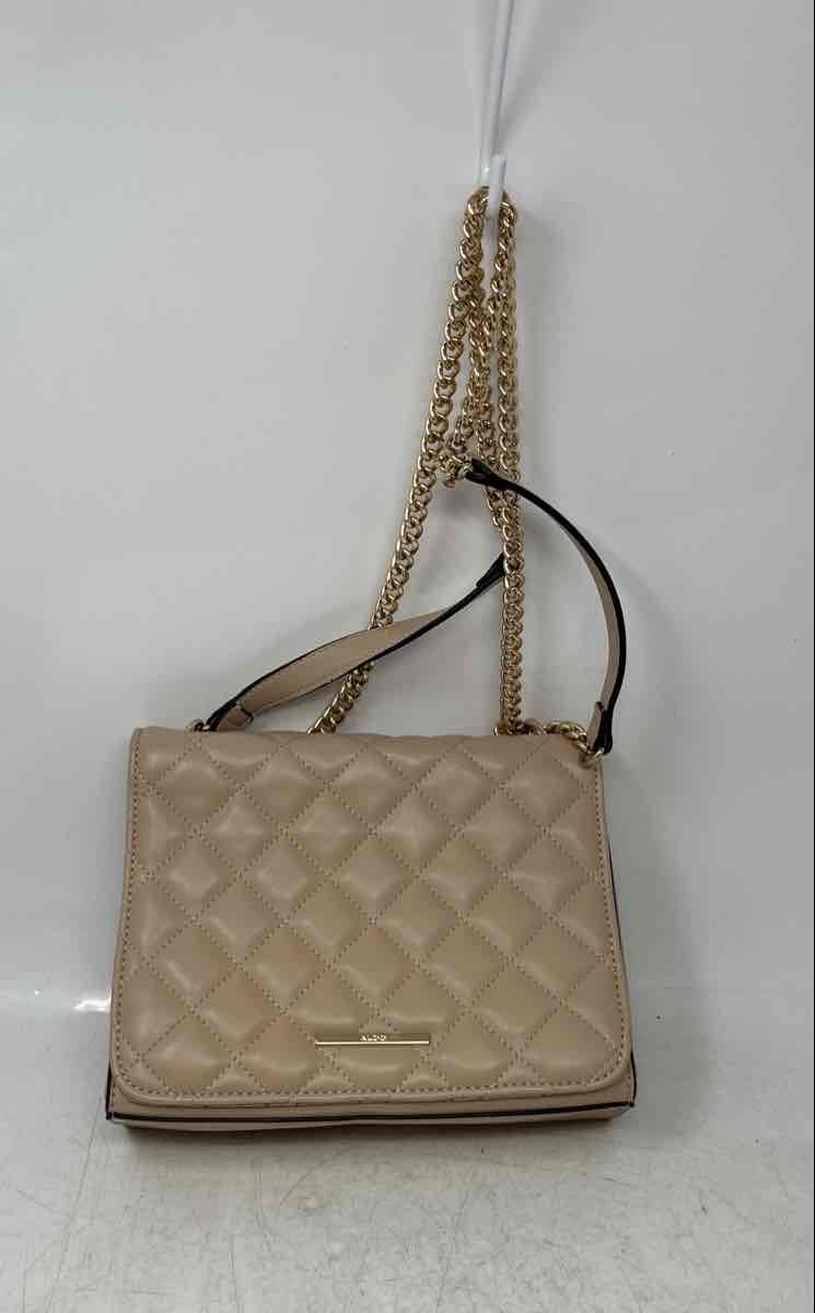 Aldo Womens Beige Gold Faux Leather Quilted Chain Strap Magnetic Crossbody Purse