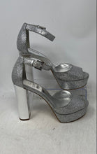 Load image into Gallery viewer, Michael Kors Womens Silver Peep Toe Ankle Strap Platform Heels Size 8M

