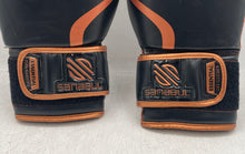 Load image into Gallery viewer, Sanabul Essential Gel Unisex Black Brown Gold-Tone 8Oz Hook &amp; Loop Boxing Gloves
