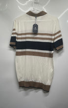 Load image into Gallery viewer, Luchiano Visconti Mens Beige White Black Striped 1/4 Zip Polo Shirt Size M w/Tag
