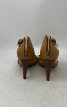 Load image into Gallery viewer, Nine West Womens Nosashay Gold Brown Leather Cone Strappy Heels Size 9.5M
