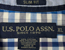 Load image into Gallery viewer, U.S. Polo Assn. Mens Blue White Plaid Short Sleeve Slim Button-Up Shirt Size XL
