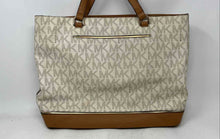 Load image into Gallery viewer, Michael Kors Womens Beige Brown Monogram Leather Trim Zip Top Frame Out Tote Bag
