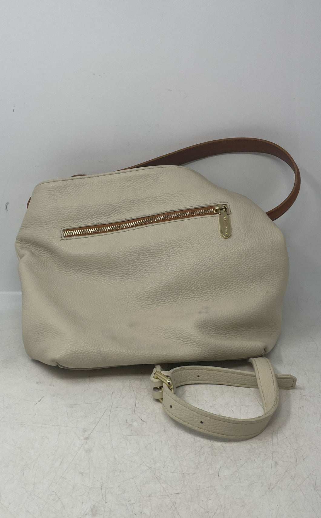 Valentina Womens White And Brown Pebbled Leather Zip Top Crossbody Handbag