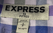 Load image into Gallery viewer, Express Mens Purple Blue Plaid Long Sleeve Fitted Dress Shirt Size Small 14-14.5
