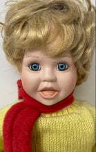 Load image into Gallery viewer, Wags Rite Girl Ice Skater Blue Eyes Yellow Sweater Red Scarf Collector Doll
