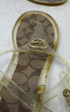 Load image into Gallery viewer, Coach Womens Gold Brown Clear T-Strap Buckle Flat Thong Sandals Size 8
