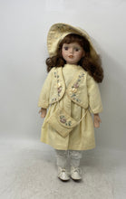 Load image into Gallery viewer, Cathay Collection Yellow Embroidered Dress Ceramic Hat Girls Porcelain Doll
