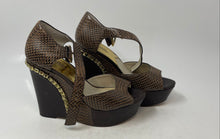 Load image into Gallery viewer, Michael Kors Womens Ella Brown Snakeskin Wedge Heel Ankle Strap Sandals Size 9M
