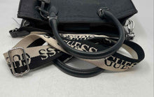 Load image into Gallery viewer, Guess Los Angeles Womens Black Monogram Embossed Faux Leather Satchel Handbag
