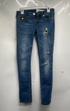 Load image into Gallery viewer, True Religion Womens Blue Denim Distressed Slim Fit Straight Leg Jeans Size 26
