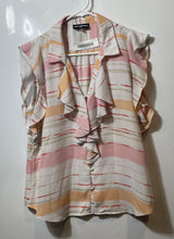 Load image into Gallery viewer, Karl Lagerfeld Womens White Pink Striped Sleeveless Ruffle Blouse Top Size Large
