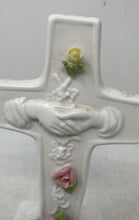 Load image into Gallery viewer, Porcelain Religious Decorative Cross Statue Hands Shaking Roses Bible Verse
