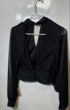 Load image into Gallery viewer, Express Womens Black Long Sleeve High Neck Back Button Cropped Blouse Top Size S
