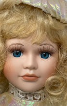 Load image into Gallery viewer, Vintage 89798 Collectible Blonde Blue Eyes Floral Box Stand Porcelain Doll
