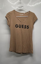 Load image into Gallery viewer, Guess Womens Light Brown Beaded Logo Split Neck Pullover T-Shirt Size S
