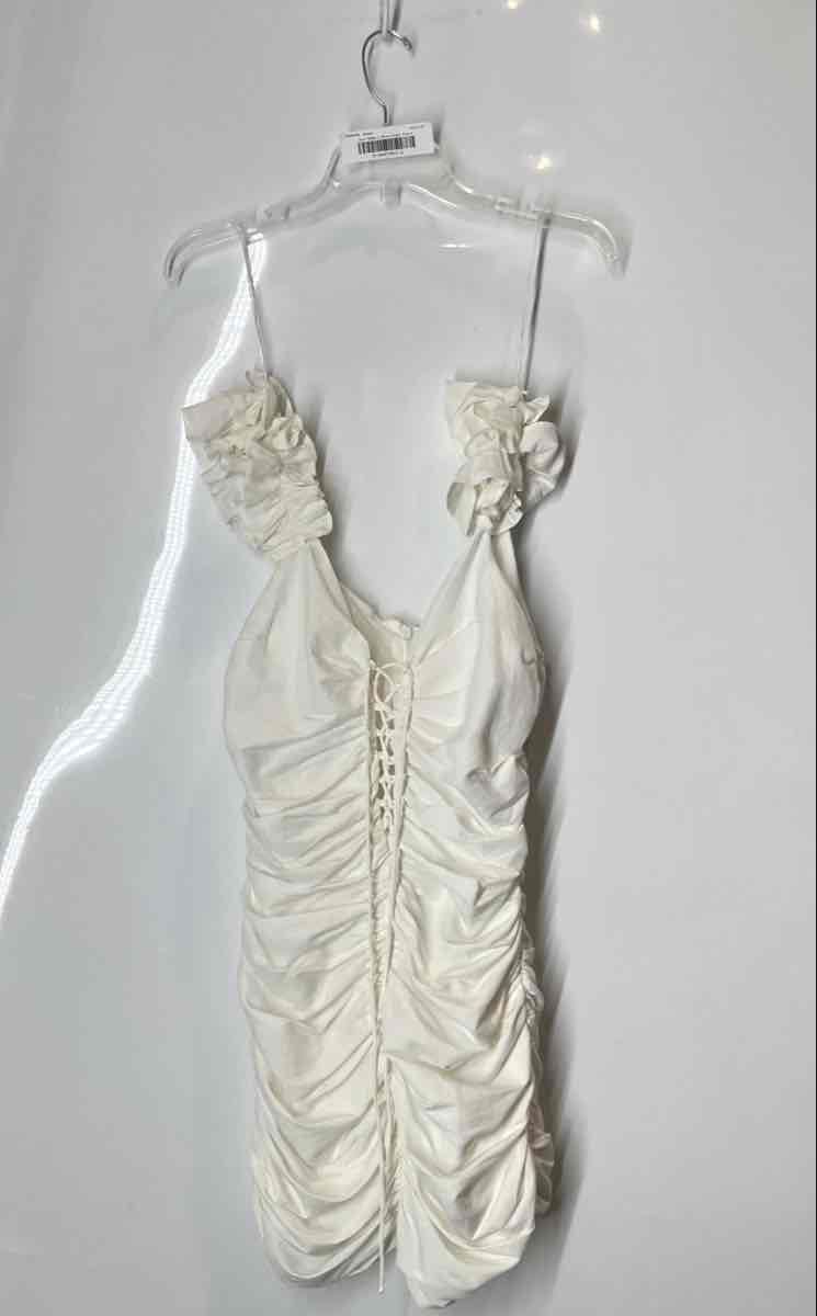 Zara Womens White Sleeveless Lace-Up Sweetheart Neck Ruched Mini Dress Size M