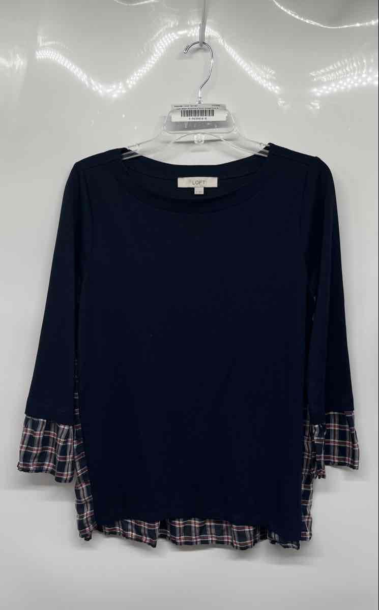 Loft Womens Blue Plaid 3/4 Sleeve Ruffle Hem Pullover Blouse Top Size Medium