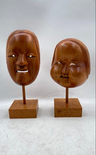 Load image into Gallery viewer, Set Of 2 Pieces Original Brown Wooden Home Decorative Noh Face Masks With Stand

