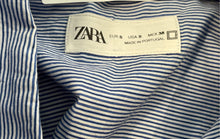 Load image into Gallery viewer, Zara Womens Blue White Striped Short Sleeve Cropped Button-Up Shirt Size Small
