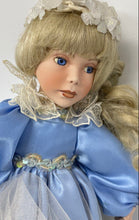 Load image into Gallery viewer, Blue Dress Blonde Hair White Floral Headband Open Eyes Fashion Porcelain Doll
