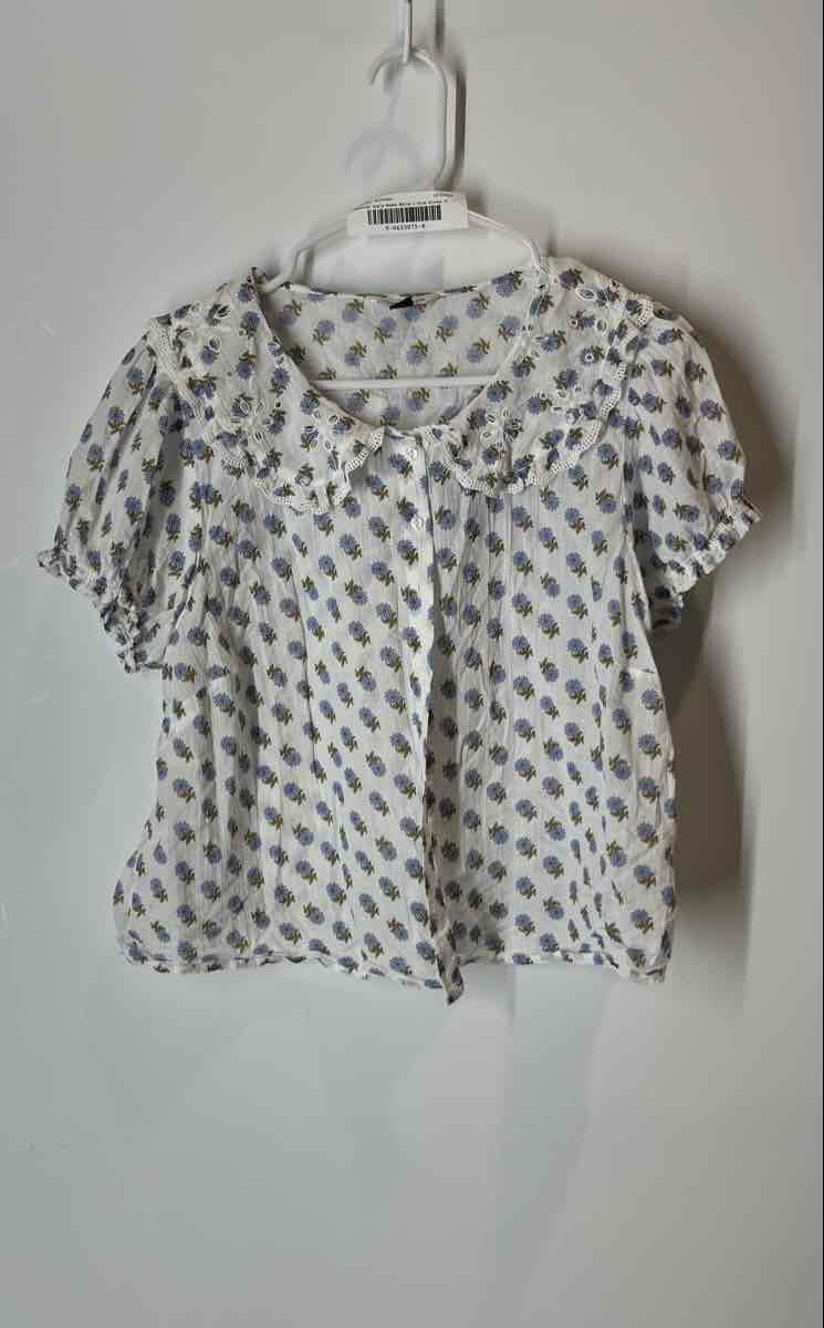 American Eagle Outfitters Womens White Blue Floral Short Sleeve Blouse Top Sz L
